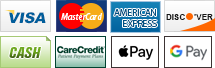 We accept Visa, MasterCard, American Express, Discover, Cash, Carecredit , Apple Pay and Google Pay.